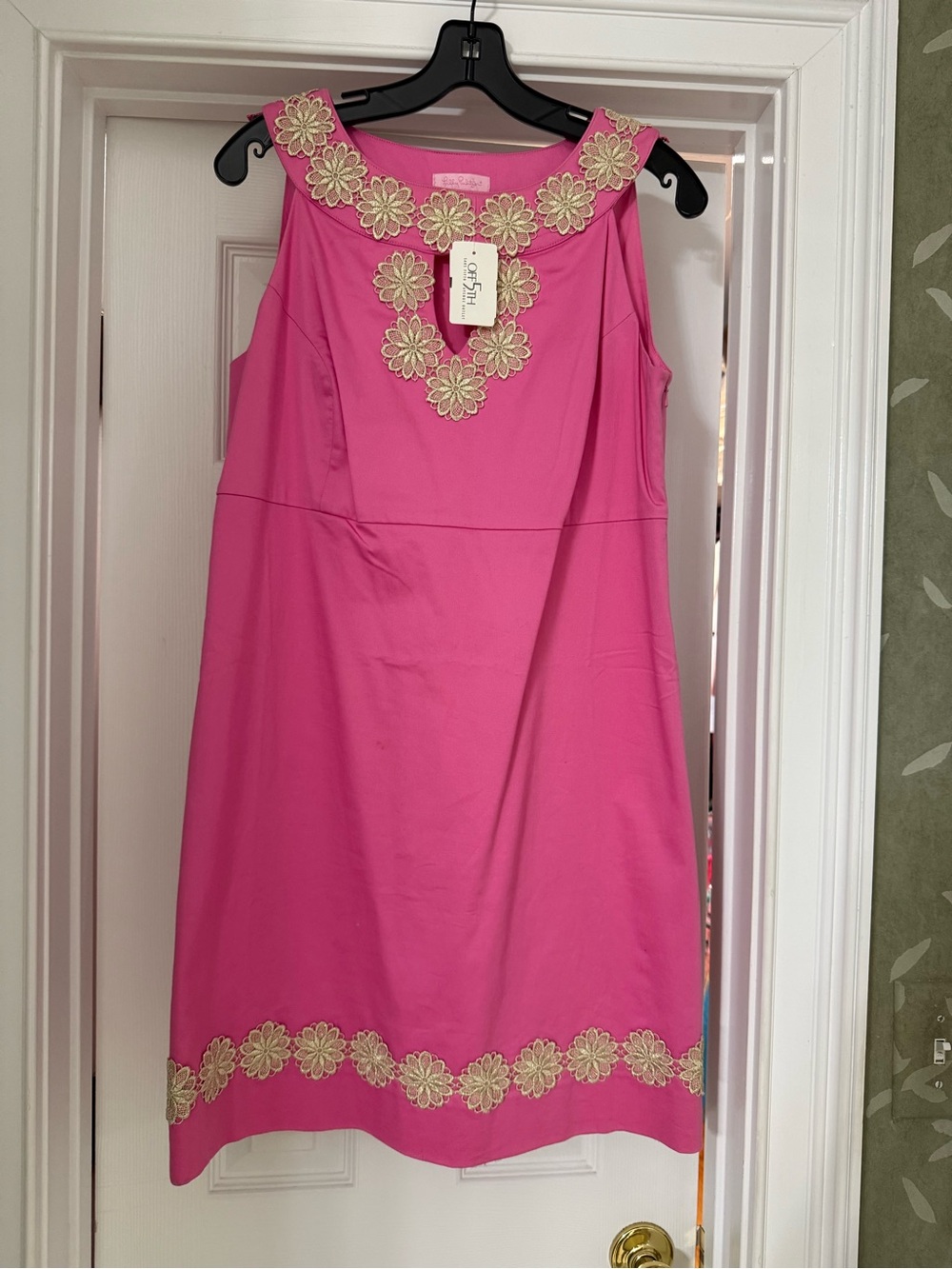 NWT Vintage Lilly Pulitzer Pink Sleeveless Dress with Gold Floral Trim, Size 10